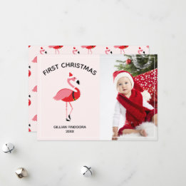 Flamingo Santa Photo Baby First Christmas Holiday Card
