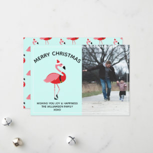 Flamingo Santa Photo Blue Christmas Holiday Card