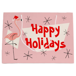 Flamingo Santa Pink Happy Holidays large gift bag