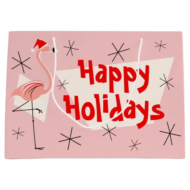 Flamingo Santa Pink Happy Holidays large gift bag (Front)