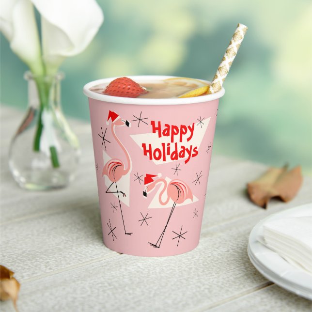 Flamingo Santa Pink Happy Holidays Paper Cups (Insitu)