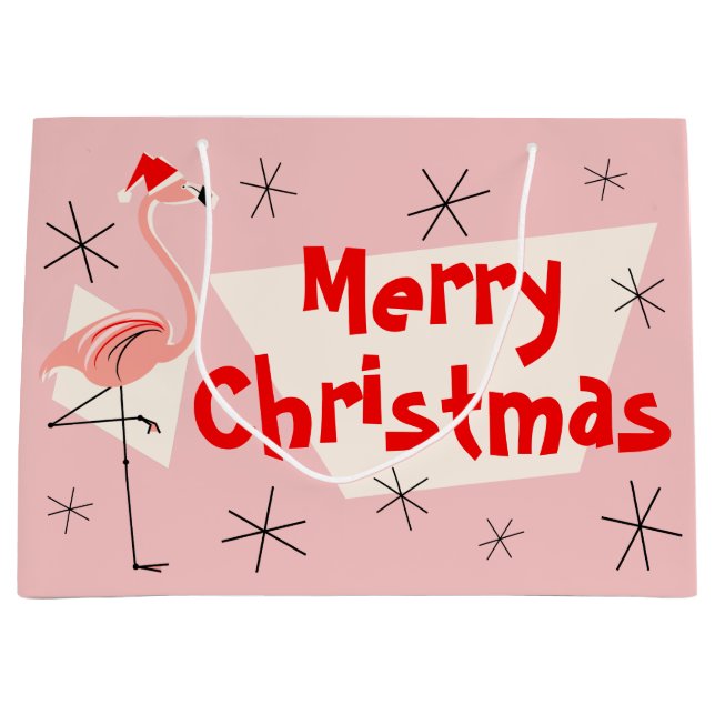 Flamingo Santa Pink Merry Christmas large gift bag (Front)
