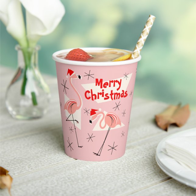 Flamingo Santa Pink Merry Christmas Paper Cups (Insitu)
