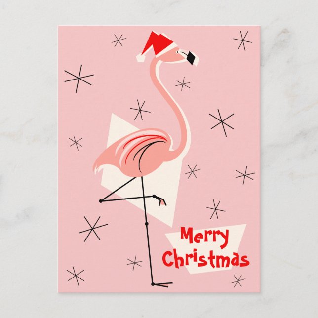 Flamingo Santa Pink Merry Christmas portrait Holiday Postcard (Front)