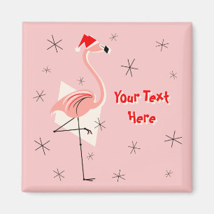 Flamingo Santa Pink Text magnet square