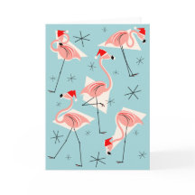 Flamingo Santas Blue greetings card portrait