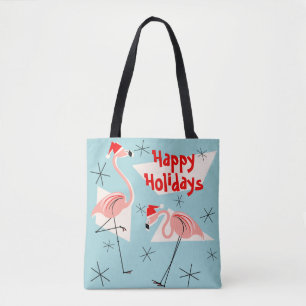 Flamingo Santas Blue Happy Holidays all over Tote Bag
