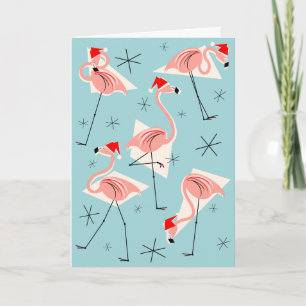 Flamingo Santas Blue Happy Holidays Holiday Card