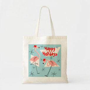 Flamingo Santas Blue Happy Holidays tote bag