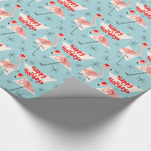 Flamingo Santas Blue Happy Holidays Wrapping Paper