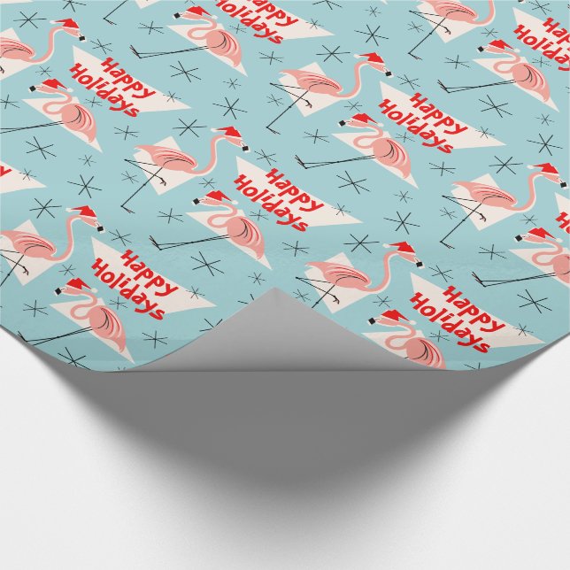 Flamingo Santas Blue Happy Holidays Wrapping Paper (Corner)
