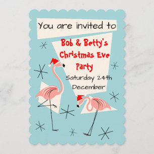 Flamingo Santas Blue invitation scalloped