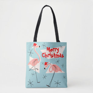 Flamingo Santas Blue Merry Christmas all over Tote Bag