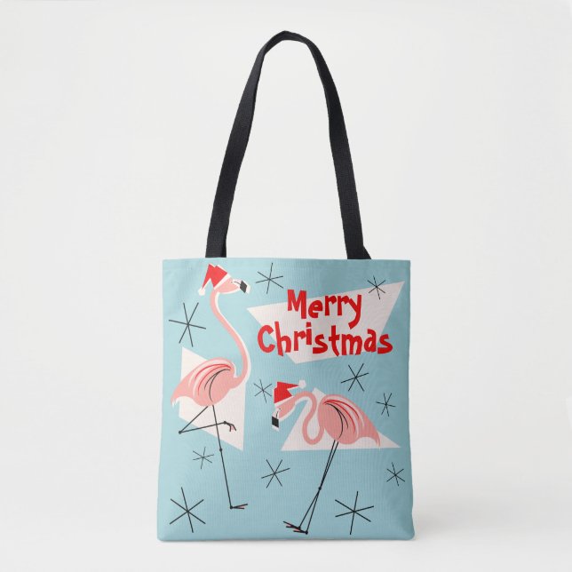 Flamingo Santas Blue Merry Christmas all over Tote Bag (Front)
