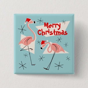 Flamingo Santas Blue Merry Christmas button square