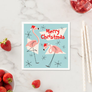 Flamingo Santas Blue Merry Christmas paper napkin
