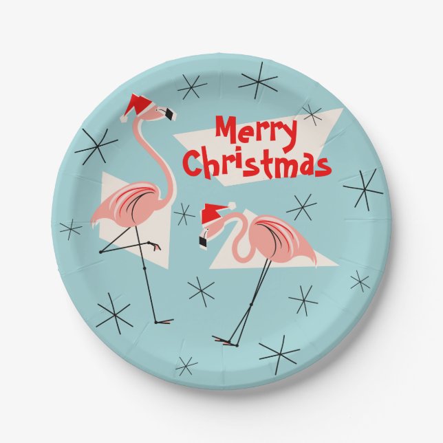 Flamingo Santas Blue Merry Christmas paper plate (Front)