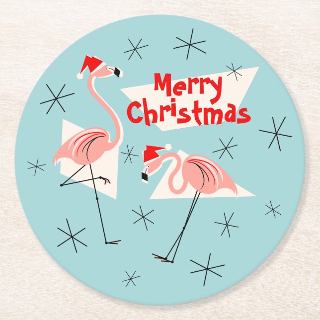 Flamingo Santas Blue Merry Christmas round Paper Coaster (Front)