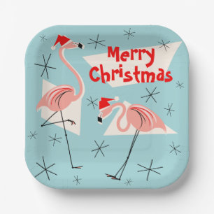 Flamingo Santas Blue Merry Christmas square Paper Plate