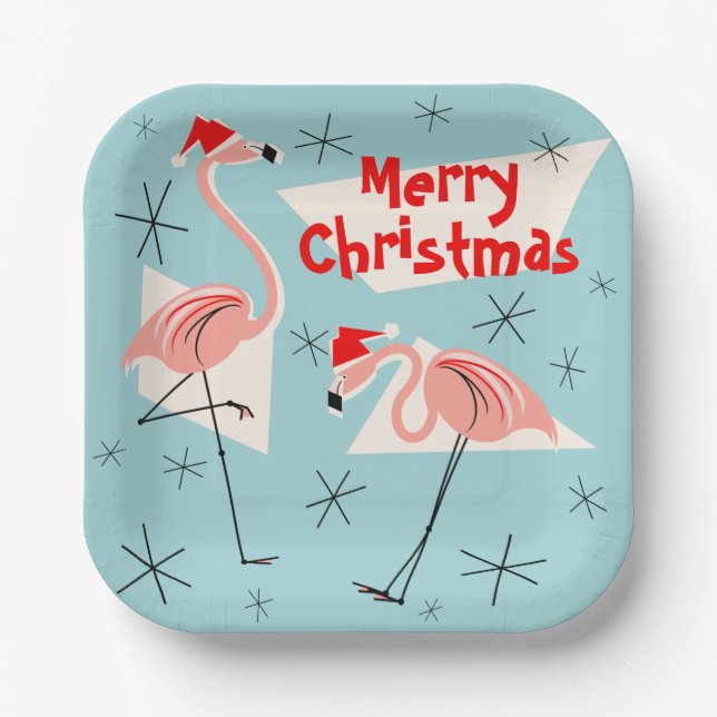 Flamingo Santas Blue Merry Christmas square Paper Plate (Front)