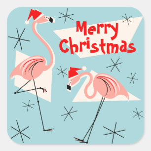 Flamingo Santas Blue Merry Christmas square Square Sticker