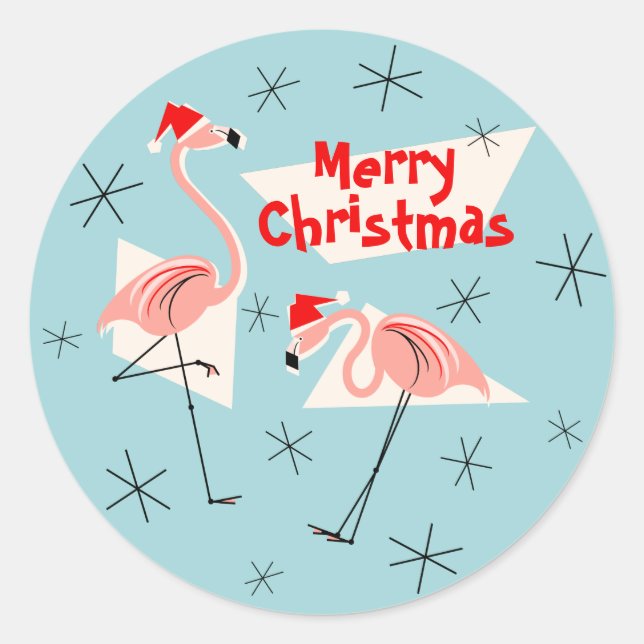 Flamingo Santas Blue Merry Christmas sticker round (Front)