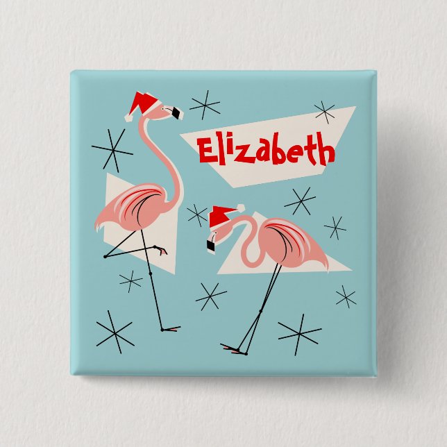 Flamingo Santas Blue Name button square (Front)