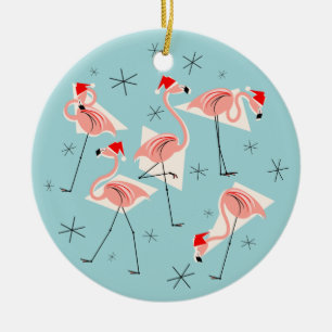 Flamingo Santas Blue Text ornament round