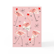 Flamingo Santas Pink greetings card portrait