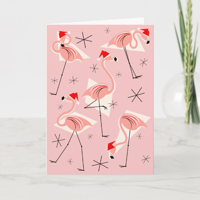 Flamingo Santas Pink Happy Holidays Holiday Card (Front)