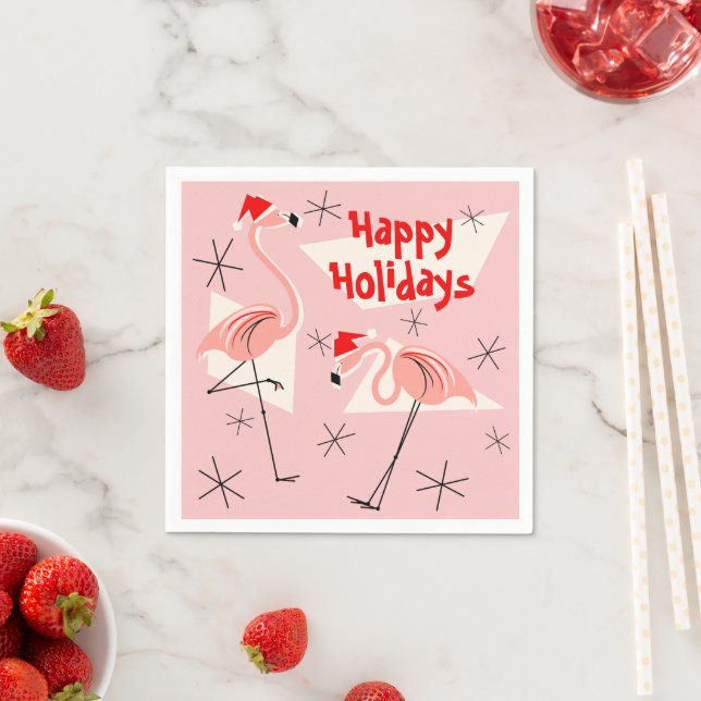 Flamingo Santas Pink Happy Holidays paper napkin (Insitu)