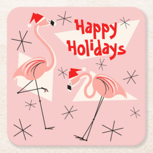 Flamingo Santas Pink Happy Holidays square Paper Coaster