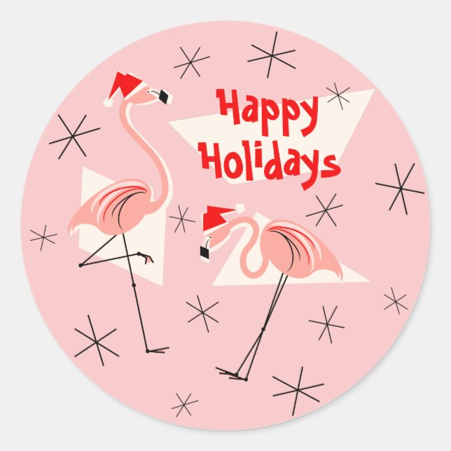 Flamingo Santas Pink Happy Holidays sticker round (Front)