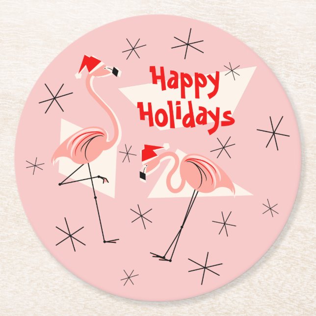 Flamingo Santas Pink Holidays round Round Paper Coaster (Front)