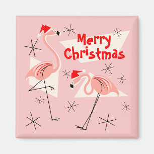 Flamingo Santas Pink Merry Christmas magnet square