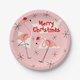 Flamingo Santas Pink Merry Christmas paper plate