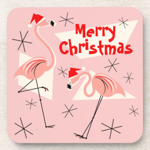 Flamingo Santas Pink Merry Christmas plastic Coaster
