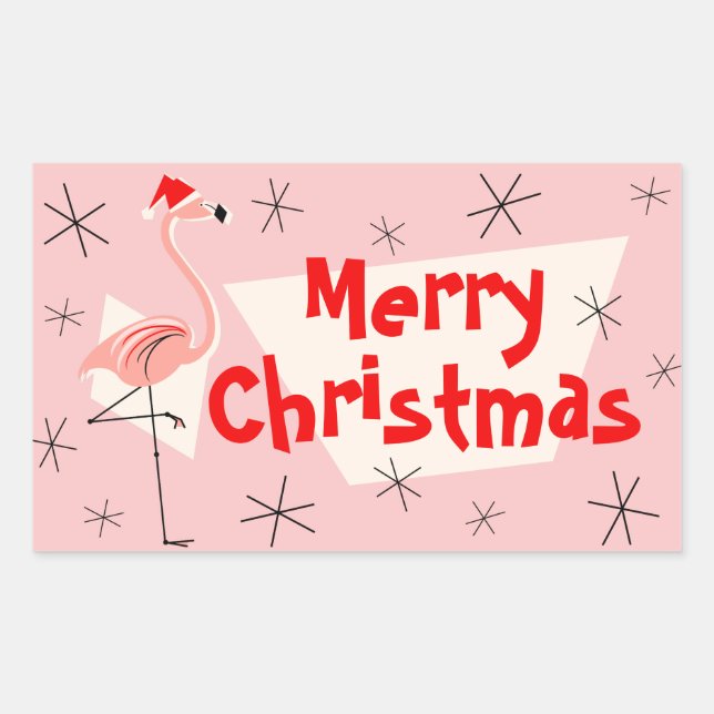 Flamingo Santas Pink Merry Christmas rectangle Rectangular Sticker (Front)