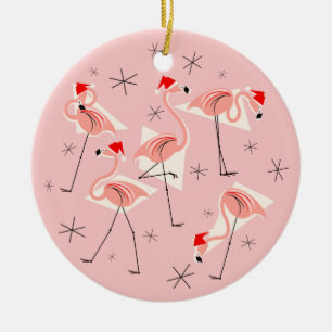 Flamingo Santas Pink Merry Christmas round Ceramic Tree Decoration