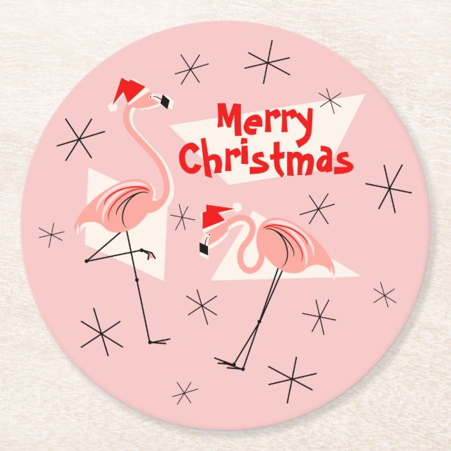 Flamingo Santas Pink Merry Christmas round Round Paper Coaster (Front)