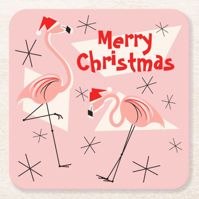 Flamingo Santas Pink Merry Christmas square Square Paper Coaster (Front)