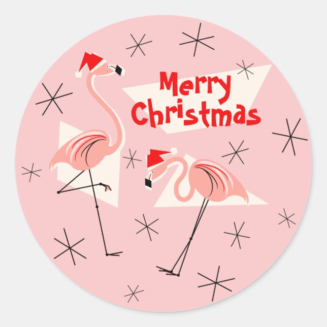 Flamingo Santas Pink Merry Christmas sticker round (Front)