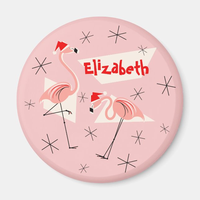 Flamingo Santas Pink Name magnet round (Front)
