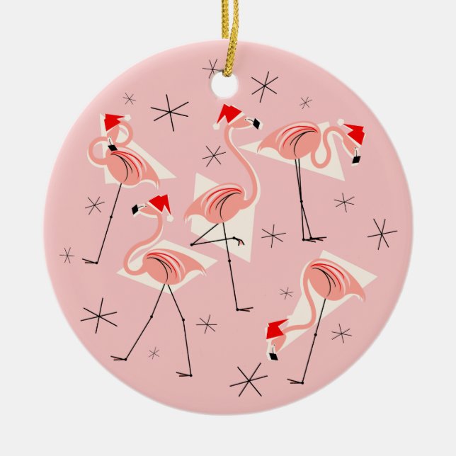 Flamingo Santas Pink ornament round (Front)