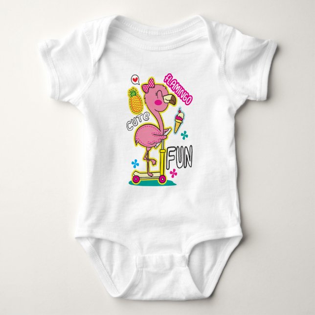 Flamingo scooter  baby bodysuit (Front)