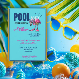 Flamingo Scuba Geer Pool Party Birthday Invitation