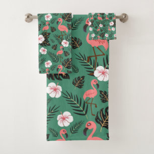 Flamingo seamless pattern pink on green background bath towel set