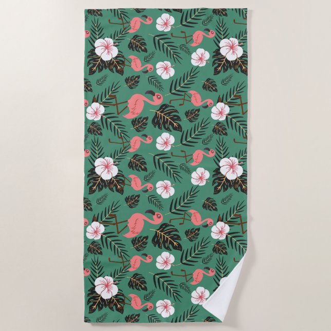 Flamingo seamless pattern pink on green background beach towel (Front)