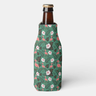 Flamingo seamless pattern pink on green background bottle cooler