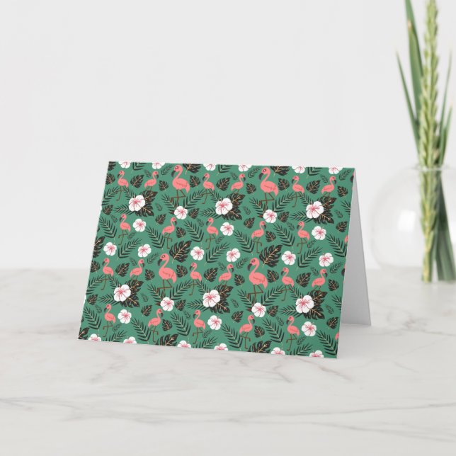 Flamingo seamless pattern pink on green background card (Front)